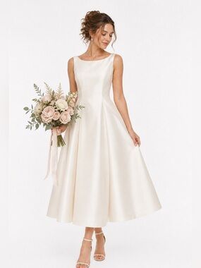 Adrianna Papell Ivory Satin Midi Dress Mikado Boat Neck Bridal Cocktail Size 14